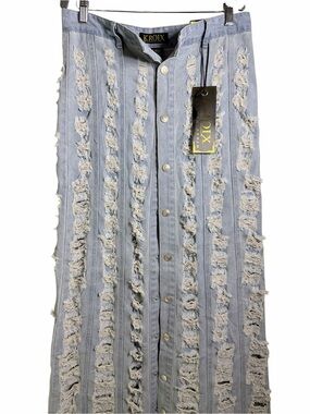 Kroix Light Blue Distressed Button-Front Denim Maxi Skirt